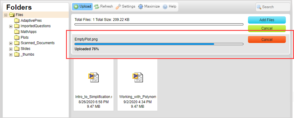 Under Upload button in the CKFinder browser window, progress bars of current file uploads are shown.